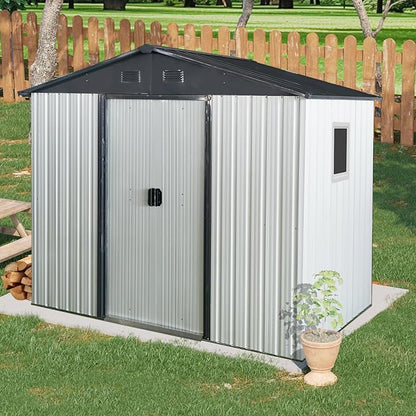 8x4 ft Outdoor Metal Storage Shed with Floor Foundation and Window, Lockable Galvanized Steel Tool Shed with Sliding Door and Air Vent, Waterproof Garden Storage House for Backyard, Patio