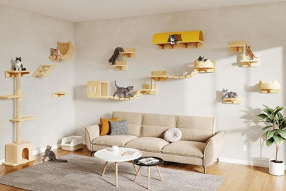 Cat Wall Furniture, 26 in 1 Cat Shelves w/Cat Tree, Tunnel, Beige | Wall Mounted Cats Furniture Set w/Plush Fabric, Cat Climbing Systems for 16 Inch Drywall, with Scratching Posts, Bridge, Moon