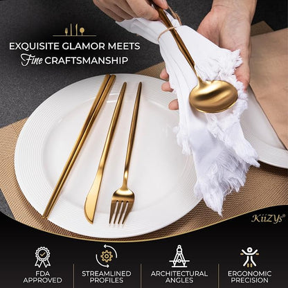 KiiZYs Matte Gold Silverware Set Cutlery Set - 14-piece 18/10 Stainless Steel Flatware Utensil Set - Korean Chopsticks Fork Spoon Knife - Reusable Dishwasher Safe - Gift Box (Gold, Service for 2)