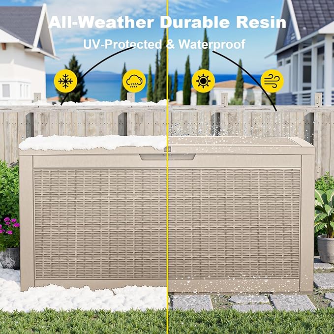 100 Gallon Resin Deck Box, Lockable Patio Outdoor Storage Box for Furniture, Garden Tools and Tools Storage, Waterproof Outside Storage Box - Grey