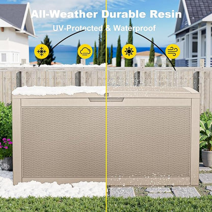 100 Gallon Resin Deck Box, Lockable Patio Outdoor Storage Box for Furniture, Garden Tools and Tools Storage, Waterproof Outside Storage Box - Grey