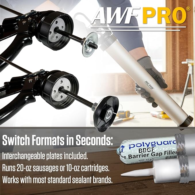 AWF PRO Sausage Caulking Gun 20 oz, 18:1 Thrust Ratio, Pack of 6 | 20 oz Foil Pack and 10 oz Cartridge Convertible, Aluminum Barrel, Includes 3 Tips