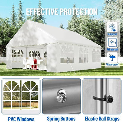 20'X20' Party Tent with Removable Sidewall Windows, Outdoor Heavy Duty Wedding Gazebo, Event Shelter Wedding Canopy Tent for Parties Carport BBQ, White & Wave Edge