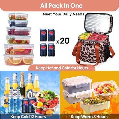 Expandable Lunch Box Cooler Bag - Insulated Soft Lunch Bag for Men Women - Large Lunchbox for Adults Work Camping Outdoor Travel Leopard 16L