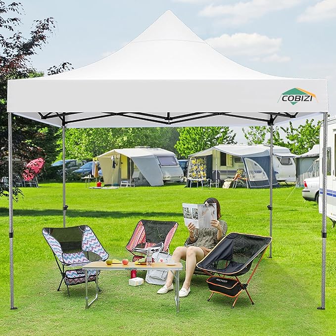 COBIZI 10x10 Pop Up Canopy Without Sidewall,Heavy Duty Canopy UPF 50+ All Season Wind Waterproof Commercial Outdoor Wedding Party Tents for Parties Canopy Gazebo with Carry Bag(10 x 10 ft White)
