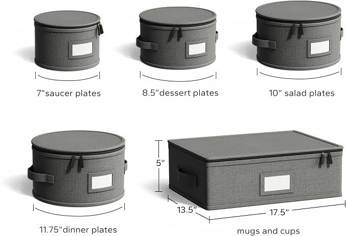 Hard Shell China Storage Containers – 5 Piece Set for Storing Dinner Plates, Salad Plates, Mugs, Quilted Dividers for Safe Moving and Seasonal Storage, Grey