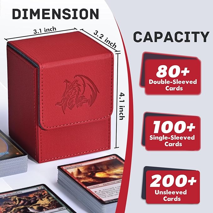 ZLCA Card Deck Box for Trading Cards with 2 Dividers, Card Storage Box Fits 100+ Single Sleeved Cards, PU Leather Strong Magnet Card Deck Case Holder for Magic Commander TCG CCG （Red,Emperor Dragon）