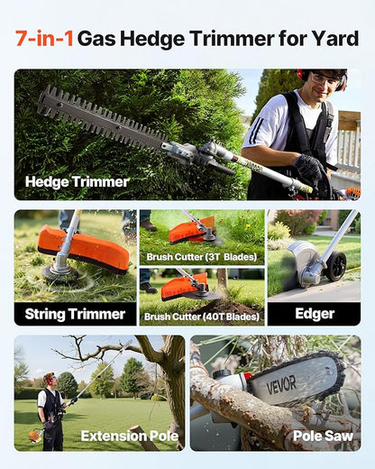 Gas Chainsaw with Extension Pole VEVOR, Top Handle 12 Inch, 26cc 2-Cycle 7-in-1 Pole Saw Multi-Tool w/Safety Gear—Hedge Trimmer, String Trimmer/Weed Eater, Edger, Brush Cutter (3T/40T)