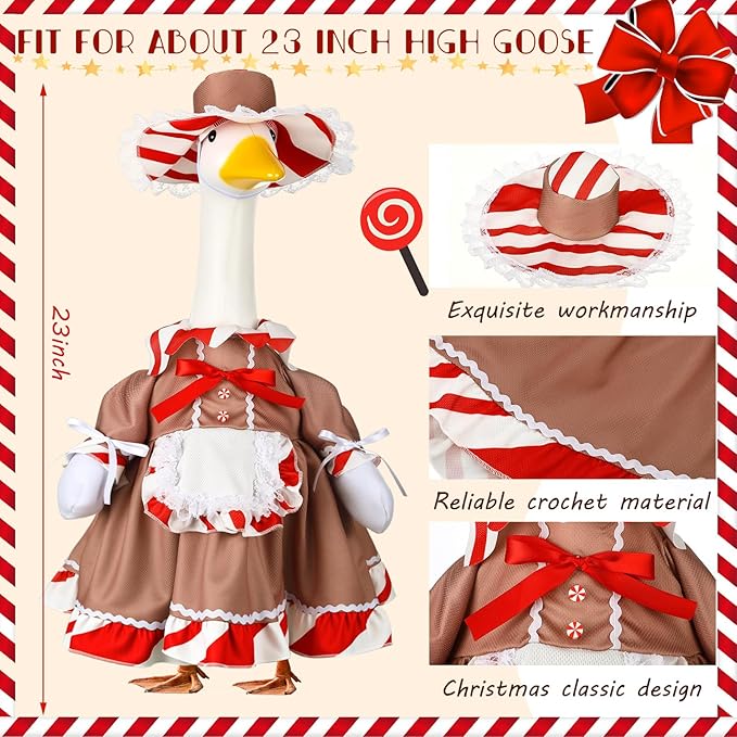 Christmas Gingerbread Porch Goose Outfit 23 Inch Red White Candy Goose Clothes for Cement or Plastic Geese Costume for Yard Lawn Garden Patio Outdoor Concrete Santa Duck Statue Dresses Holiday Decor