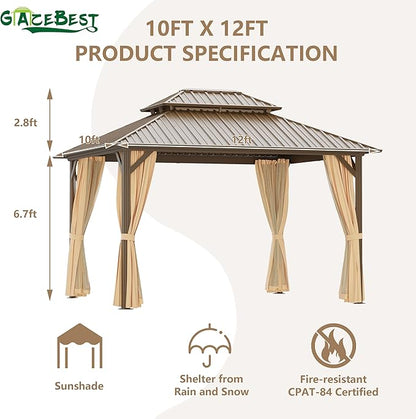 10x12 ft Hardtop Gazebo Outdoor Aluminum Patio Gazebo Double Roof Galvanized Steel Canopy with Netting and Curtains for Garden, Backyard, Deck and Lawns.