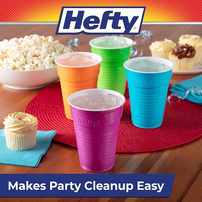 Hefty Party On Disposable Plastic Cups, Assorted, 16 Ounce, 100 Count | Bulk Pack, Disposable Plastic Cups for Parties, 4 Fun Colors, Easy-to-Grip Design, Ideal for Large Tailgates, BBQs, Birthdays