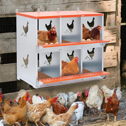 6 Bay Orange Metal Nesting Box, Wall Mount Chicken Nest for Hens & Ducks, Heavy Duty Galvanized Steel with Hen-Shaped Vents & Coconut Fiber Pad, Easy Assembly (Orange/Silver)