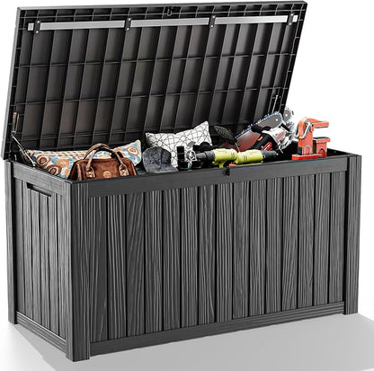 180 Gallon Large Deck Box,Resin Outdoor Storage Box with Lockable for Patio Furniture, Pool Accessories, Garden Tools Waterproof Outside Storage Box, Black