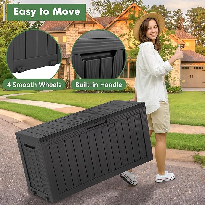 NUNU LAB 76 Gallon Deck Box, Large Resin Outdoor Storage Box, Waterproof Patio Storage Container with Double Wall Panels for Cushions, Garden Tools, Pool Toys, and Packages