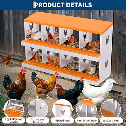 8-Compartment Chicken Nesting Box with Removable Tray - Metal Laying Boxes for Hens - Egg Rollaway Design, Wall Mount Farm Fresh Egg Collector, Hen Roosting Boxes for Chicken Coops