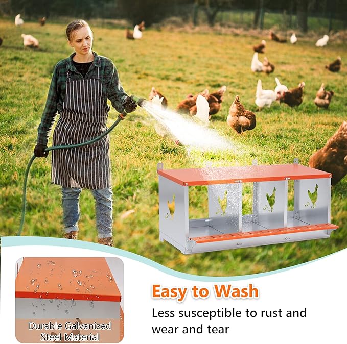 Chicken Nesting Boxes, 3 Rooms Hens Nest Box, Metal Poultry Nest Box Wall Mount for Chickens Egg Laying Box Collection Vented Holes Chicken Coop Cages Equipment, Orange (3 Rooms)