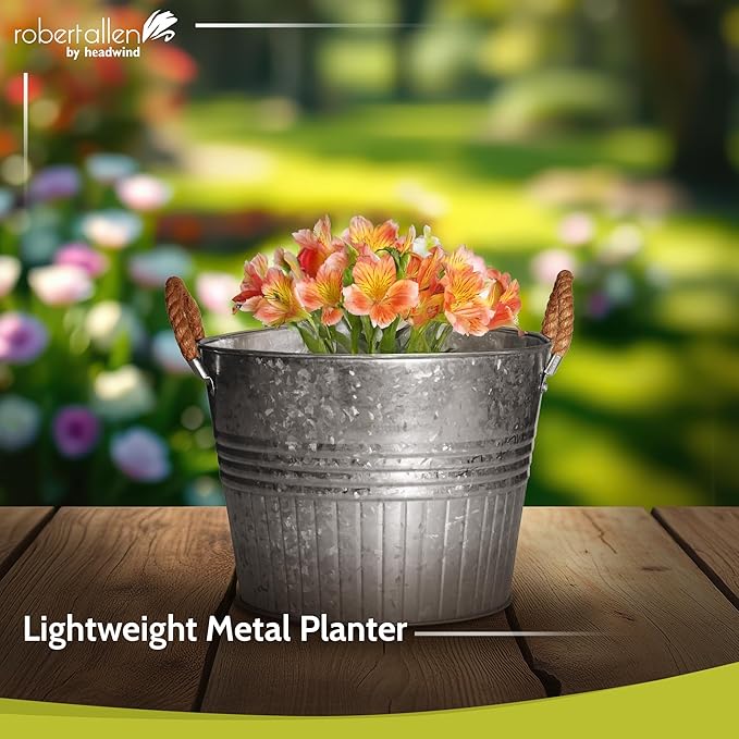 Headwind Decorative Planter - Round Galvanized Bucket w/Rope Handles – 6 Inch Metal Tub Bucket Planter for Outdoor Plants w/Drainage Hole – Galvanized Large Outdoor Planters Buckets by Robert Allen