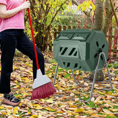 S AFSTAR Composter Tumbler Outdoor, 42-Gal Dual Chamber Tumbling Composter with 2 Sliding Doors, Metal Frame, BPA-Free Large Rotating Compost Bin Tumbler for Garden Yard Waste (Green)
