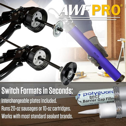 AWF PRO Sausage Caulking Gun 20 oz, 12:1 Thrust Ratio | 20 oz Foil Pack and 10 oz Cartridge Convertible, Aluminum Barrel, Includes 3 Tips