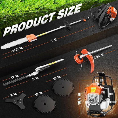 6 in 1 52cc Brush Weed Cutter Petrol Hedge Trimmer Grass Pruner Chainsaw Trimmer with Four Mowing Heads for Gardening Care