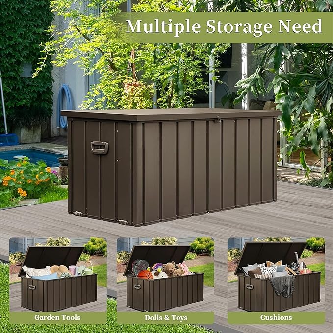 LANTRO JS 150 Gallon Metal Deck Box, Outdoor Storage Box Waterproof with Wheels, Lockable Storage Container for Patio Furniture Cushions Garden Tools, Dark Brown
