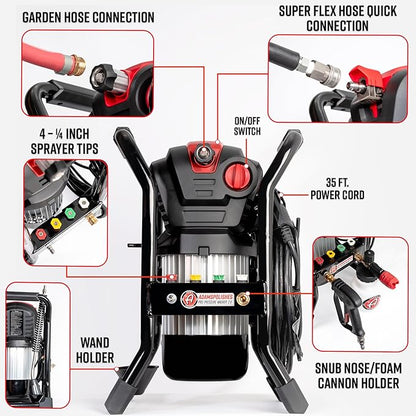 Adam's Pro Series Electric Pressure Washer 2.0 - Professional Powerful Detailing Car Washing Pressure Sprayer That Includes Snub Nose, Wall Mount & Pressure Washer Tips | 1200 PSI & 1.76 Operating GPM