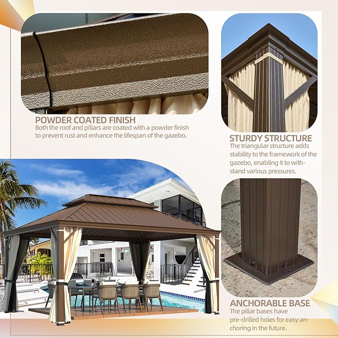 YOLENY 12'x20' Hardtop Gazebo, Wood Grain Aluminum Frame Pergola with Galvanized Steel Roof, Outdoor Metal Gazebos with Curtains and Nettings for Patio, Backyard, Deck and Lawns