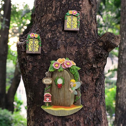 Fairy Door and Windows Garden Kit Accessories Outdoor, Glow in Dark Gnome House for Tree, Lawn Yard Art Sculpture, Miniature Garden Decor (Fairy)