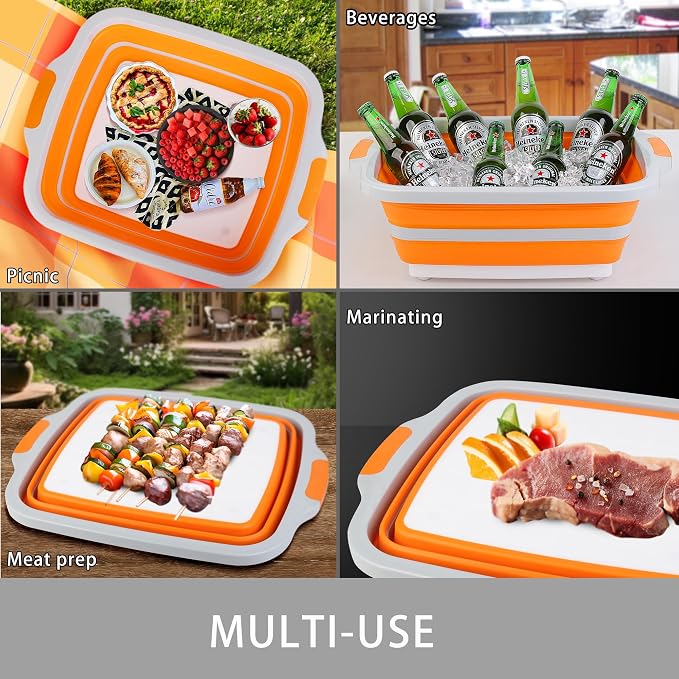 Tiawudi Large Collapsible BBQ Prep Tub with Lid(4.22 Gal/16L), Foldable Camping Sink with Colander, Cutting Board, Dish Basin for Kitchen, Bowl, Vegetable and Fruit, Storage Basket for Picnic
