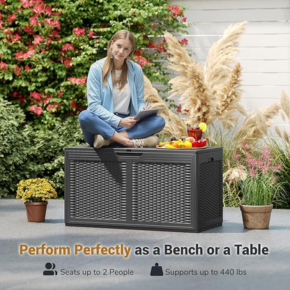 RELAX4LIFE 100-Gallon Resin Deck Box - Waterproof Outdoor Storage Box Container w/Lockable Lid & Wheels, Faux Rattan Porch Bench for Patio Furniture Cushions, Pool Accessories, Garden Tools (Grey)