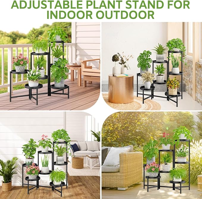 iDavosic.ly 7 Tier Large Plant Stand Indoor with 10 Inch Wide Tray, Tiered Corner Metal Outdoor Flower Display Holder Shelf, Folding Tall Rack for Patio Porch Living Room, Modern Black