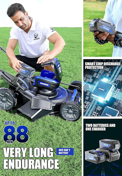 WILD BADGER POWER Lawn Mower Self Propelled 40V Brushless 21" Cordless, 7 Cutting Height Adjustments Electric Lawn Mower, Quickly Folding, 2 * 4.0Ah Battery and1*2Ah Super Charger Included