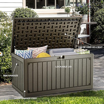 YITAHOME 90 Gallon Large Deck Box, Double-Wall Resin Outdoor Storage Boxes, Deck Storage for Patio Furniture, Cushions, Pool Float, Garden Tools, Lockable & Waterproof (Light Brown)