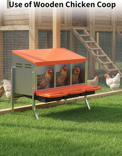 Chicken Nesting Boxes, 3 Hole Metal Rollaway Nest Box for Laying Hens with Cleanable Pull-Out Trays Wall Mount or Placed Design for Easy Egg Collection & Cleaning(Includes Legs)