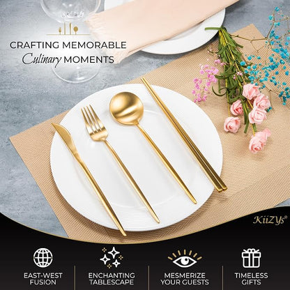 KiiZYs Matte Gold Silverware Set Cutlery Set - 14-piece 18/10 Stainless Steel Flatware Utensil Set - Korean Chopsticks Fork Spoon Knife - Reusable Dishwasher Safe - Gift Box (Gold, Service for 2)