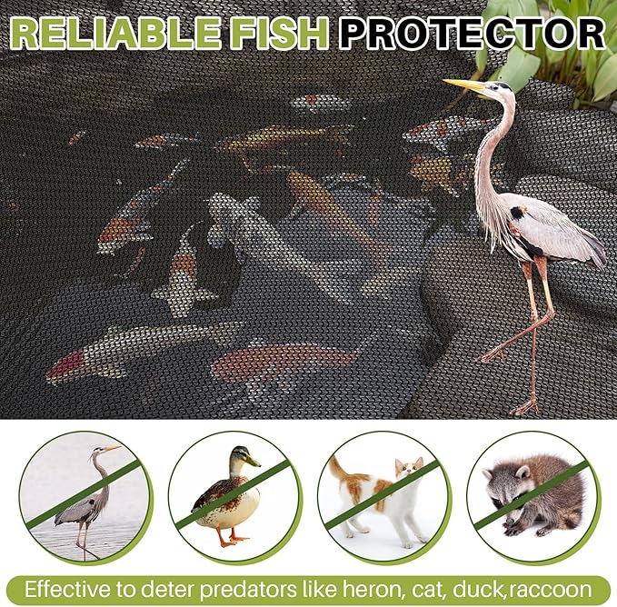Koi Pond Netting Kit 12 x 30ft, Heavy-Duty Pe, Bird Deer Fence Netting, Durable Net Cover for Leaves, Protect Fish from Blue Heron Bird, Cats & Predators, Stakes & Ties Included