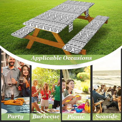 Fitted Picnic Table Cover with Bench Covers Vinyl Waterproof Elastic Edges Fitted Rectangle Tables Patio Tablecloth Camping Gear and Essentials Rv Accessories Road Trip Supplies Car Travel Must Haves