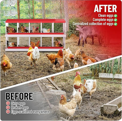 TrailBlaze Chicken Nesting Box 10 Compartments Laying Boxes, Metal Chicken Egg Laying Box with Rollout Egg Collection, Large Vented Holes Chicken Coop for Chickens, Hens (Red)