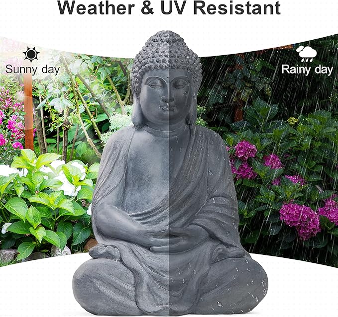 TOETOL Outdoor Buddha Large Statue Meditative Asian Zen Indoor 20” High Medium Yard Decor Magnesium Oxide Stone for Yard Garden Patio Deck Home, Dark Grey