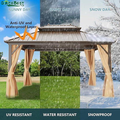 12x16 ft Hardtop Gazebo Outdoor Aluminum Patio Gazebo Double Roof Galvanized Steel Canopy with Netting and Curtains for Garden, Backyard, Deck and Lawns.