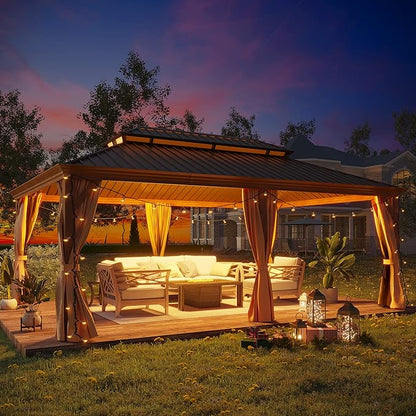 14' X 20' Hardtop Gazebo Outdoor Aluminum Patio Gazebo Double Roof Galvanized Steel Canopy Wooden Finish Coated with Netting and Curtains for Garden, Backyard,Deck and Lawns