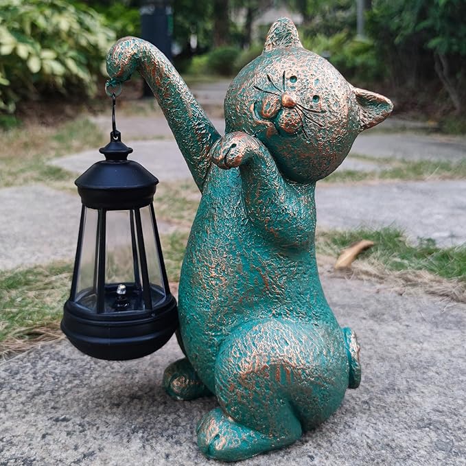 Cat Garden Statue Outdoor Décor with Solar Lights Lantern,Cat Solar Light Figurines Outside Decorations for Yard，Lawn Patio, Balcony, Unique Housewarming Gifts