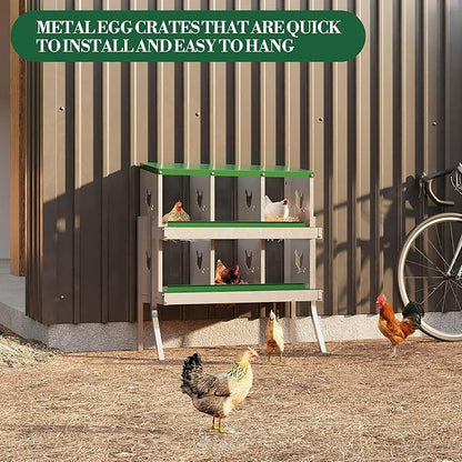 6 Holes Chicken Nesting Boxes, 2 Tiers 6 Compartments Metal Egg Laying Boxes with Legs, Wall Mount or Free Standing, Ventilated for Chickens, Hens, Ducks, Farm, Yard, Poultry Coop Accessories, Green