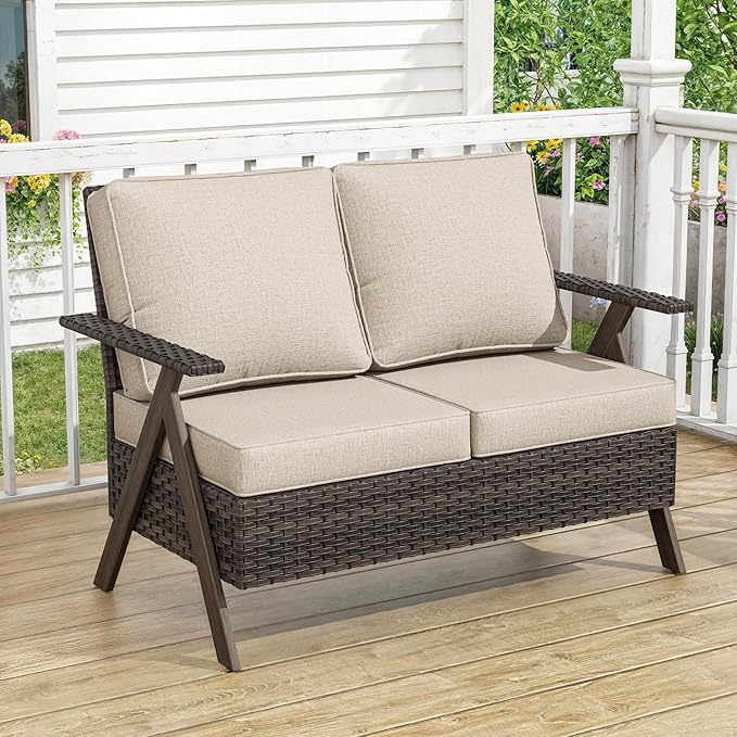 Patio Loveseat, All-Weather Wicker Rattan 2 Seater Sofa with Cushions, Outdoor Patio Furniture Sofa Set for Patio, Balcony, Backyard, Deck, Poolside
