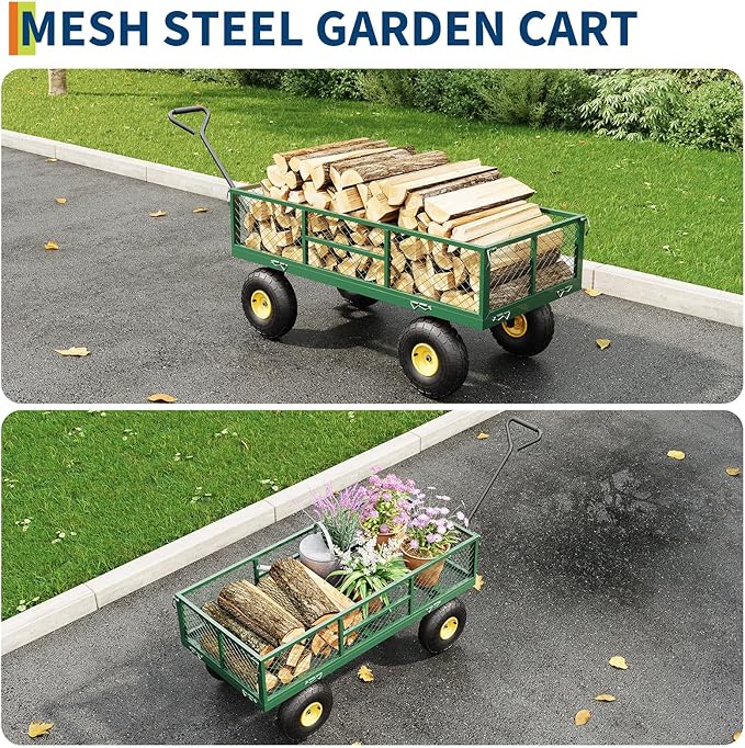 GarveeLife 900 LBS Garden Cart with Removable Mesh Sides, Heavy Duty Steel Garden Wagon with Adjustable Handles & 10 in Pneumatic Tires, Utility Wagon for Lawn Camping Farm Yard, Green+Black