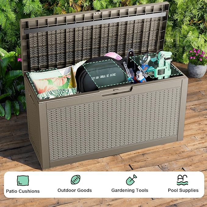 60 Gallon Deck Box,Resin Outdoor Storage Box with Lockable for Patio Furniture, Pool Accessories, Garden Tools, Waterproof Outside Storage Box, Grey Pattern