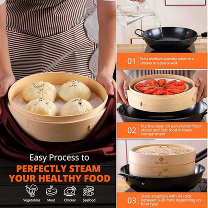 KITCHENCRUST Bamboo Steamer Basket for Chinese Asian Cuisine - 2 Tier 10-Inch Steaming Basket Bun Vegetable Bao Buns, Sauce Dish, Chopsticks, Reusable Liners