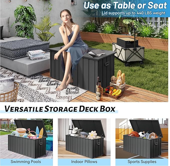Outdoor Storage Box, 200 Gallon Metal Deck Box Built-in a Oxford Fabric Storage Bag, Lockable & Waterproof Outside Patio Storage Box for Cushions, Pillows, Tools, Pool Floats- Grey