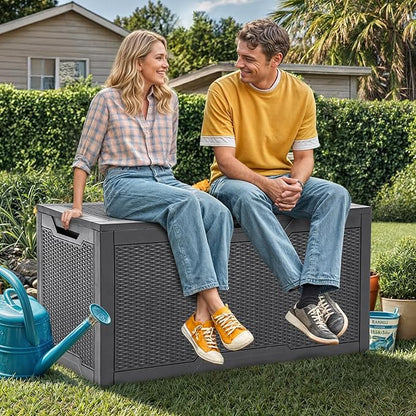 YITAHOME 100 Gallon Large Resin Deck Box Outdoor Storage Boxes for Patio Furniture, Outdoor Cushions, Garden Tools and Pool Supplies-Waterproof,Lockable (Dark grey)