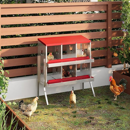 Metal Nesting Boxes for Chickens - 6 Compartments Chicken Roosting Boxes, Chicken Coop Nest Box with Legs, Perch & Lid - Versatile Wall Mount or Free Standing for Backyard Flock, Homestead, Small Farm